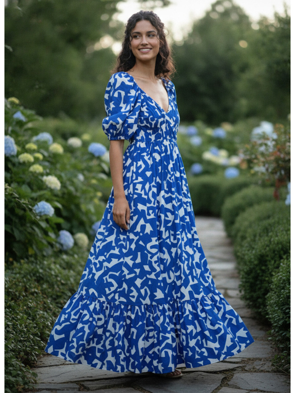 ZARA blue & white print COTTON poplin print maxi dress SMALL (fits up to a 6)